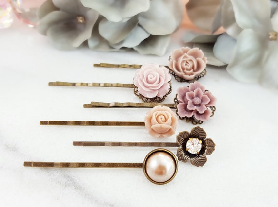 Taupe Bobby Pin Set Crystal Hairpins Decorative Bobby Pins Etsy