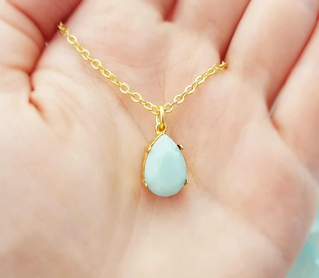 GOLD TEARDROP NECKLACE Mint Green Teardrop Pendant Choose Your Crystal