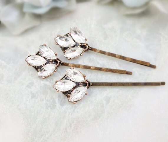 CRYSTAL HAIRPINS AB Glass Lotus Flower Bobby Pins, 3 Sparkly 