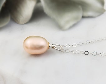 CHAMPAGNE PEARL Necklace, Sterling Silver AAA Ivory or Pink Blush Pearl Pendant, White or Peach Potato Pearl, Cream Bridal Jewelry L1026A