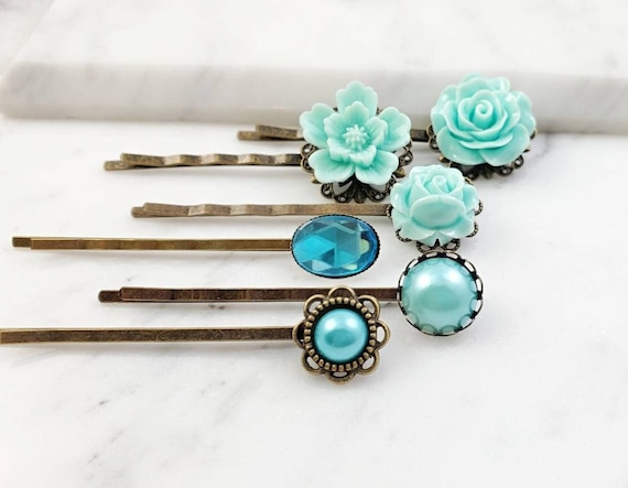 TURQUOISE BOBBY PINS, Set of Crystal Hairpins, Blue Decorative