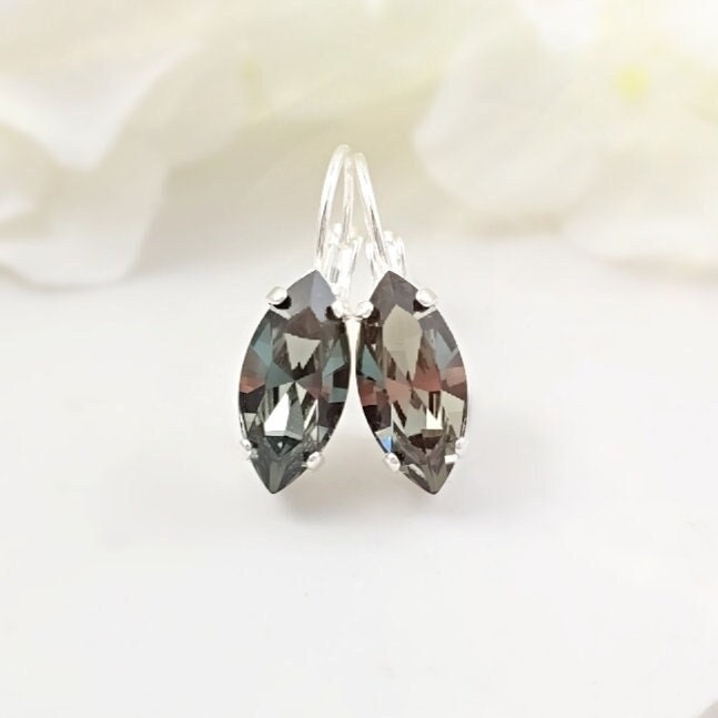 BLACK DIAMOND MARQUISE Earrings for Women,Grey Navette Earrings,Gray Crystal Drops Silver Leverbacks,Grey Goth Jewelry Gifts for Her E3179A