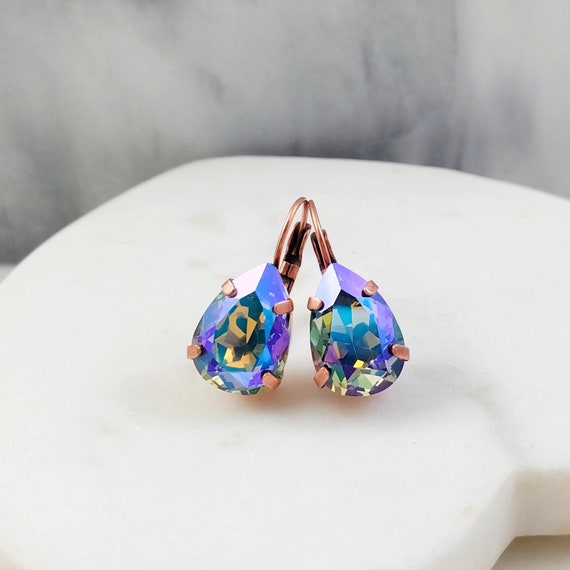IRIDESCENT EARRINGS LARGE Purple Crystal Teardrop Clusters