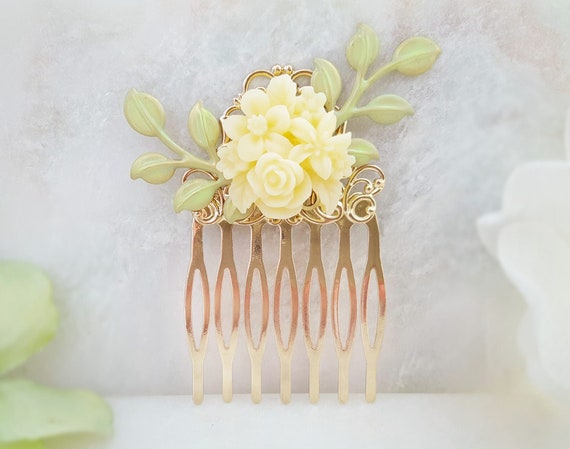 WEDDING HAIR COMB Gold Leaf Hair Comb, Ivory or Pink Floral  display picture 3