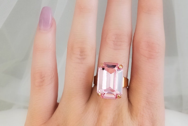 Pink Statement Ring Gold Rose Tourmaline Crystal Jewelry, BIG PINK BAGUETTE, Faceted Rectangle Stone, Ladies Cocktail Ring Gifts R3044A image 2