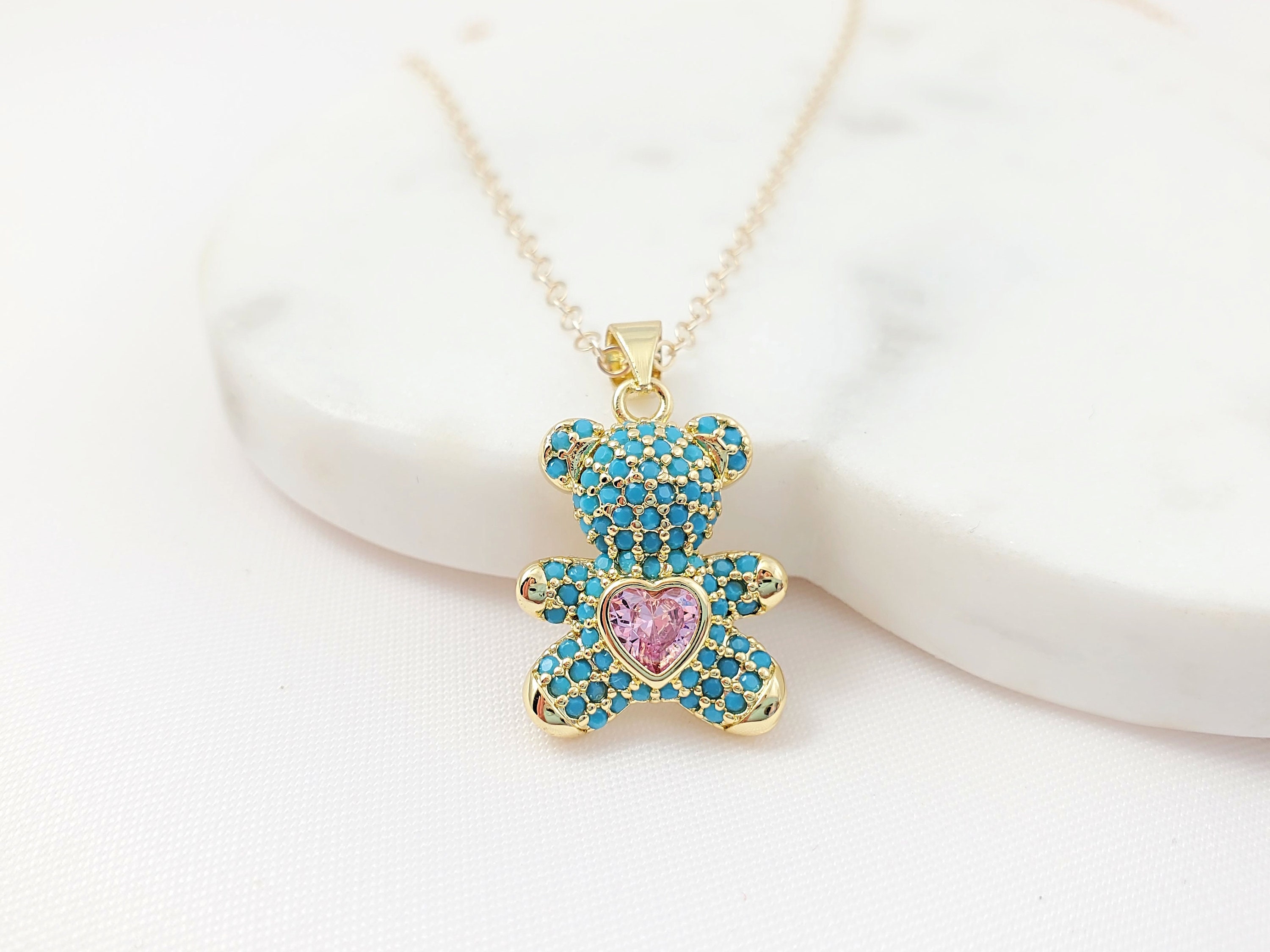 TEDDY BEAR NECKLACE Gold Filled Cubic Zirconia Pendant, Aquamarine Diamond  Cz Teddy Bear Jewelry Gifts for Women Romantic I Love You N5229 - Etsy