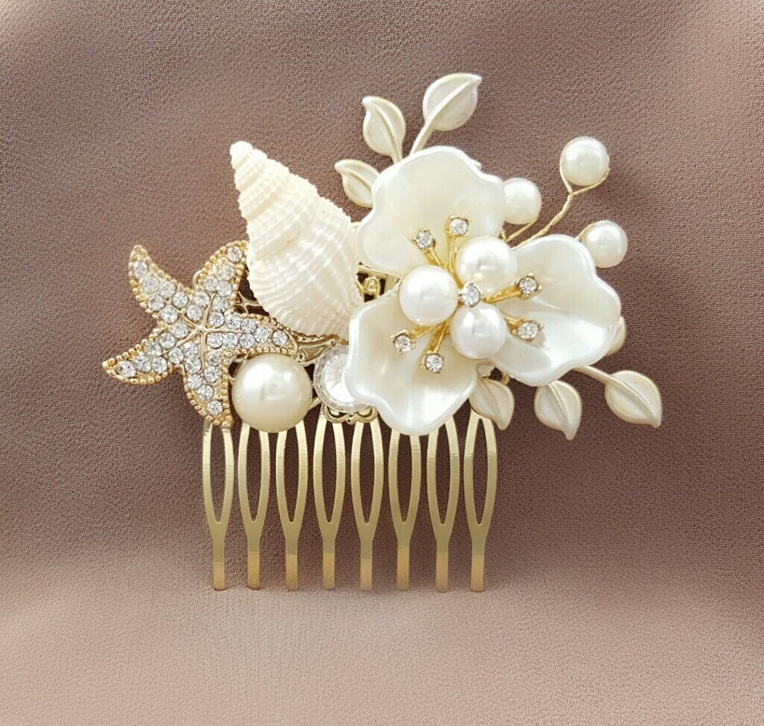 Conch Comb STARFISH HAIR COMB Gold, Beach Wedding Accessories, Genuine Seashell ...