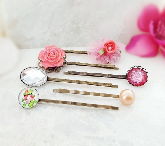 PINK BOBBY PIN Set of 6, Decorative Crystal Hairpins, Rose  display picture 2