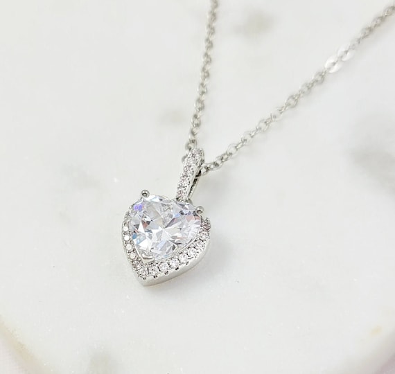 DIAMOND HEART NECKLACE Sparkly Silver Cubic Zirconia Heartshaped Pendant Faux Diamond Jewelry Romantic Clear Crystal Valentine Gift N2054A Etsy