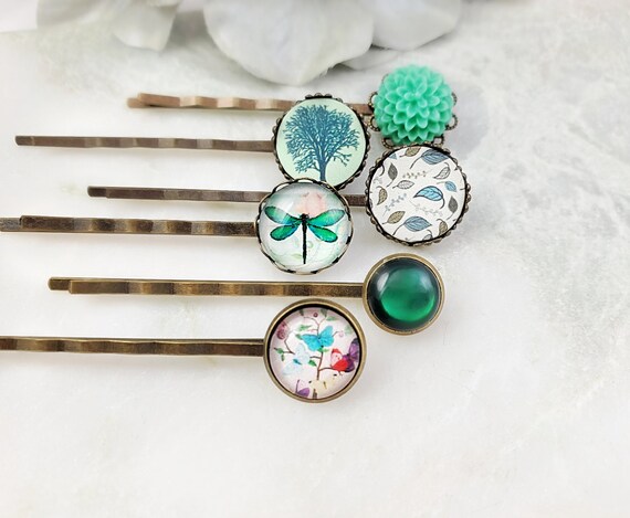 VINTAGE BUTTERFLY HAIRPIN Set of 6 Green Bobby Pins  display picture 2