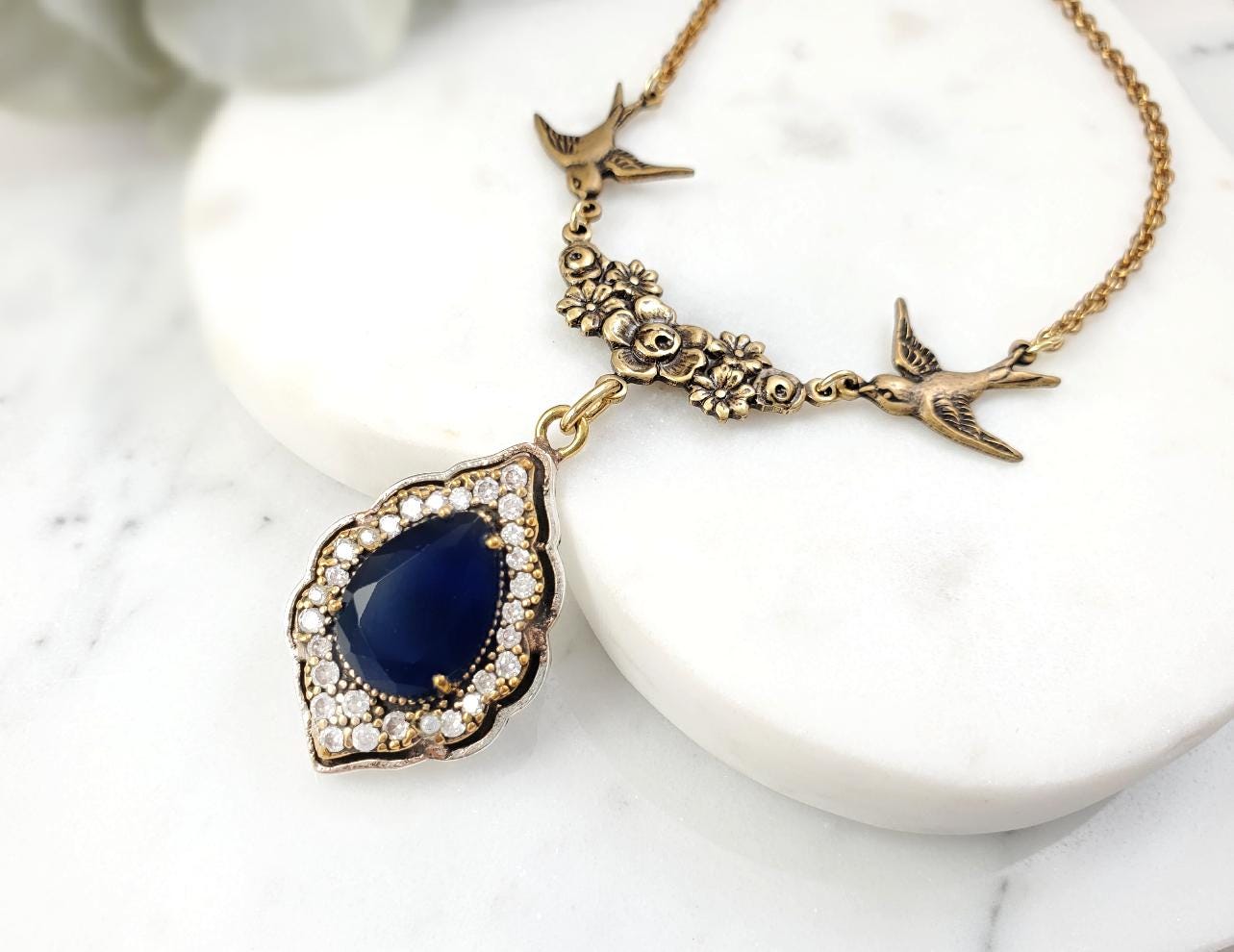 Sapphire Necklace Gold VINTAGE PENDANT, Navy Jade & Clear Diamond