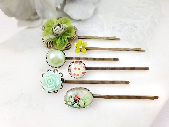 GREEN BOBBY PINS, Set of 6 Decorative Hair Pins, Silk Flower  display picture 1
