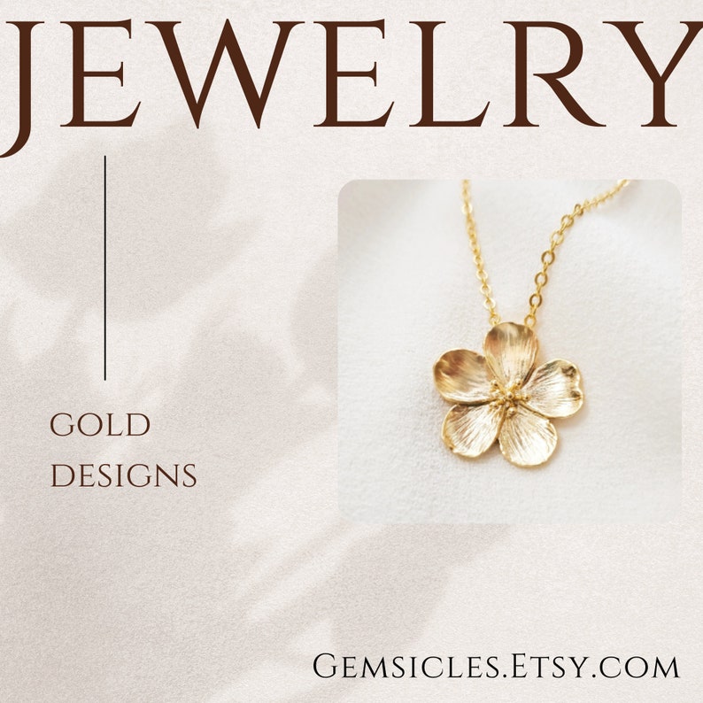 May include: A gold necklace with a delicate flower pendant. The necklace is on a white background with the text "GEMSICLES.ETSY.COM" and "JEWELRY GOLD DESIGNS".