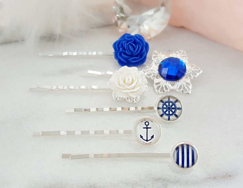 Decorative Hair Slides White Rose Hairpins Blue Floral Hair Piece Gift H4130 Blue Bobby Pin Set Nautical Hair Clips Striped Hair Pick