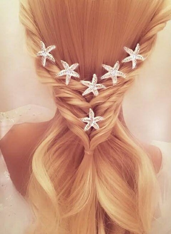 Starfish Hairpin Set Beach Wedding Hair Pins Silver Crystal Etsy
