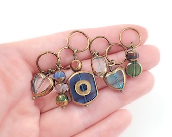 Art Deco Hair Beads, Antiqued Bronze Hair Jewelry, Brass Dred Lock Charms & Rings, Steampunk Glass Beaded Hair Rings, Aqua Blue Heart HR1003