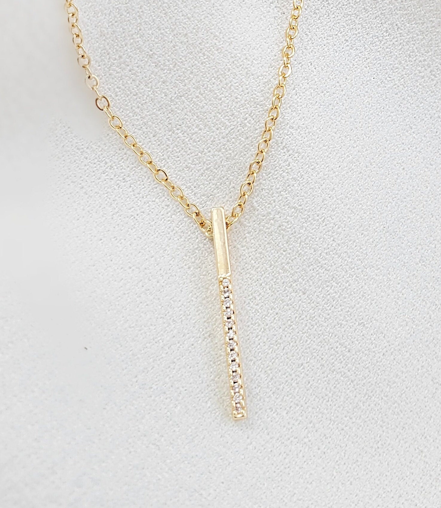 DIAMOND BAR NECKLACE Gold Cubic Zirconia Pendant, April