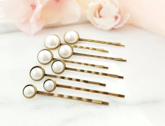 PEARL HAIR PINS Set of 8 White Bun Bobby Pins, Pearl Wedding 