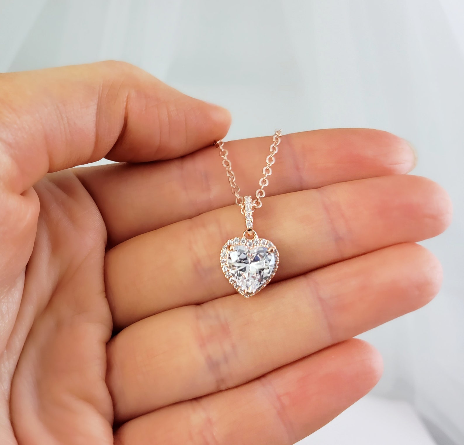 ROSE GOLD DIAMOND Heart Necklace Sparkly Cubic Zirconia Etsy