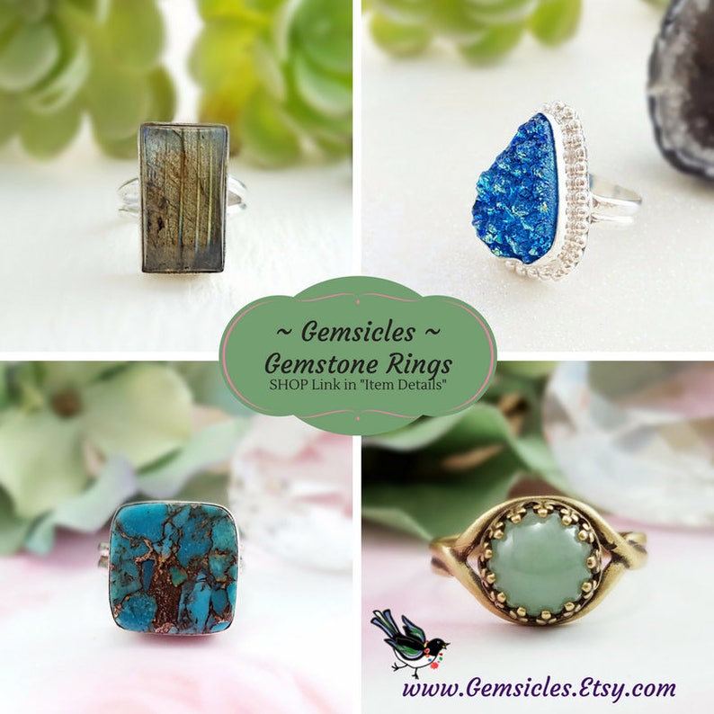 May include: Four gemstone rings with different colored stones and settings. The rings are displayed on a white background with green foliage.