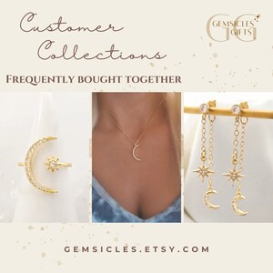 May include: A set of gold celestial jewelry featuring a crescent moon and star design. The set includes a ring, necklace, and earrings. The jewelry is displayed on a white background with the text "Customer Collections" and "Frequently Bought Together".