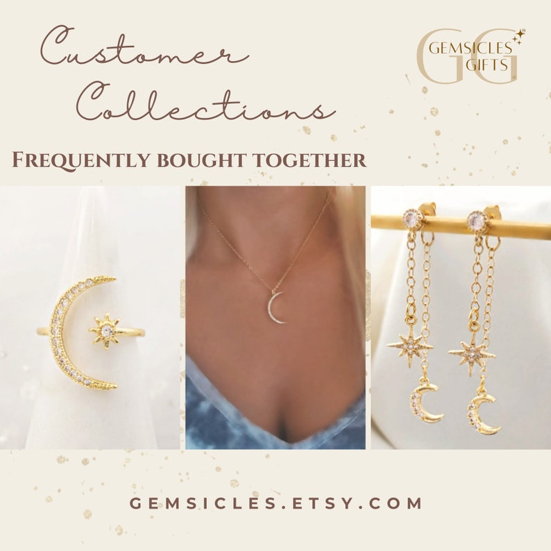 May include: A set of gold celestial jewelry featuring a crescent moon and star design. The set includes a ring, necklace, and earrings. The jewelry is displayed on a white background with the text "Customer Collections" and "Frequently Bought Together".