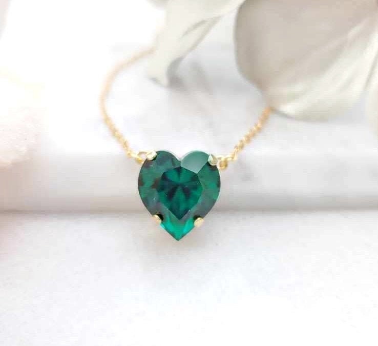 Gold Green Heart Necklace VALENTINE'S DAY GIFT, Big Dark Green Emerald Swarovski Crystal, May Birthstone, Romantic Heart Jewelry N3112