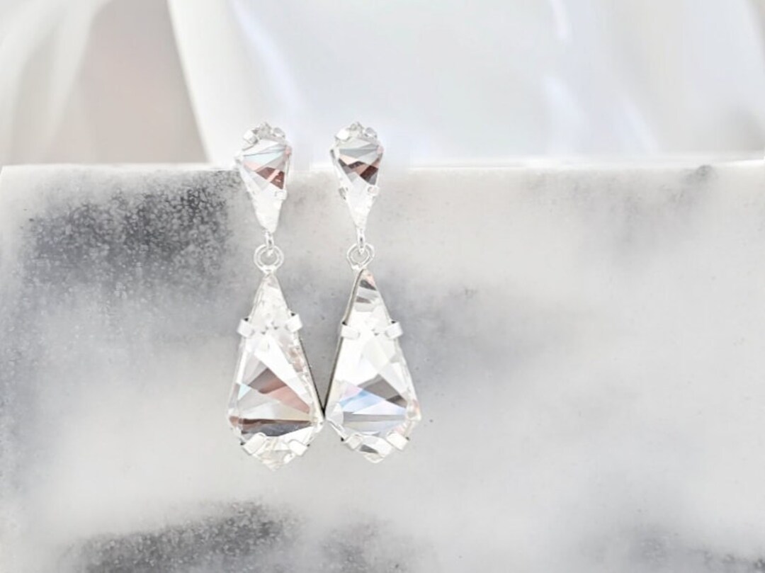 DIAMOND TEARDROP Earrings Silver Faceted Prism Dangles, OOAK