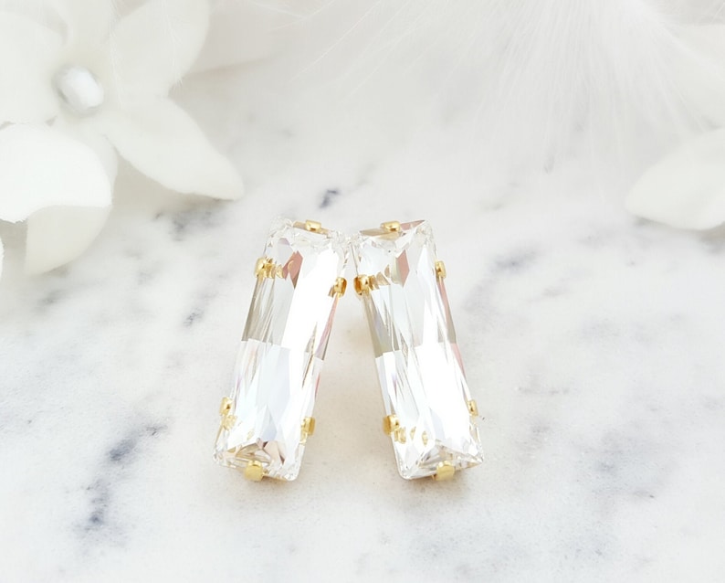 DIAMOND BAGUETTE EARRINGS Gold Crystal Baguette Drops, Large Statement Earrings, Rectangle Emerald Cut Stones, Choose Your Color AE3594