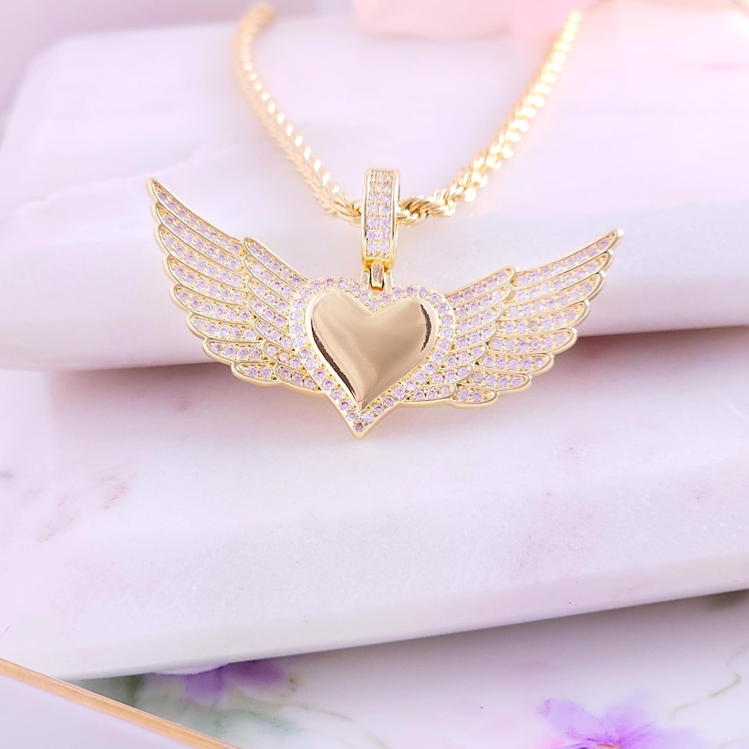 Winged Heart Necklace LARGE CZ Heart With Wings Pendant, Angel