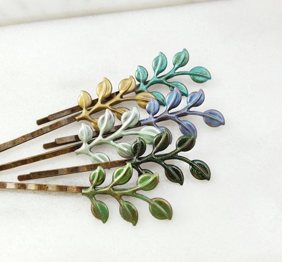 LEAF HAIR PINS Leaves Bobby Pin Set of 6, Enameled Bronze  display picture 1