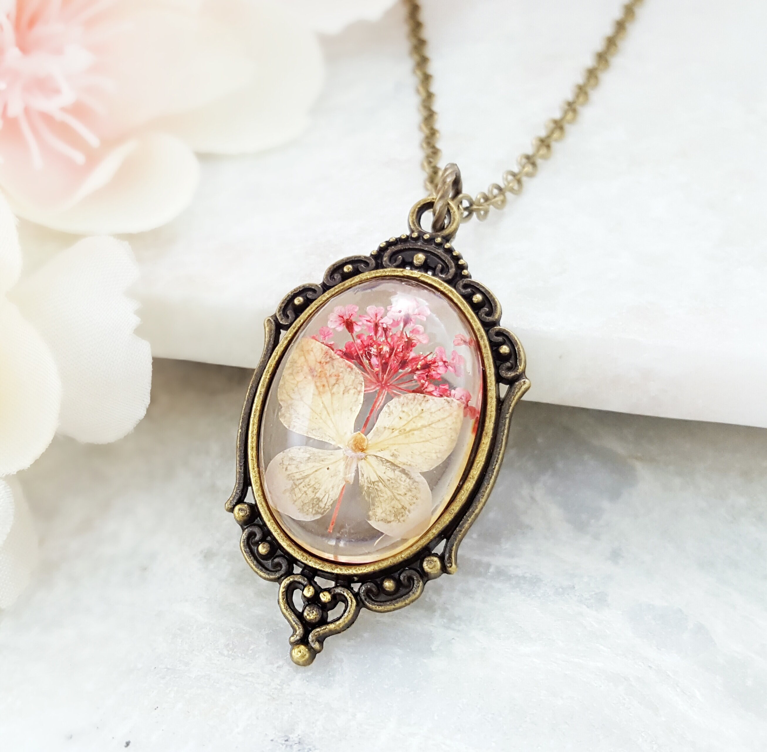 Vintage Pressed Flower Pendant Necklace DOGWOOD FLOWER NECKLACE