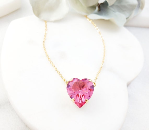 Pink Heart Necklace BIG GOLD PINK Sapphire Crystal Heart 