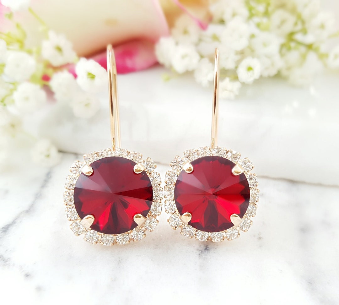 RUBY RED DANGLES Rose Gold Round Siam Diamond Drops, Clear Crystal Pave ...