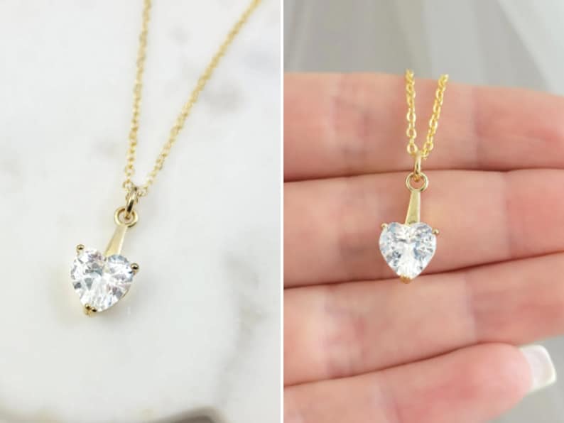 Gold Heart Necklace HEART JEWELRY GIFT, Cz Diamond Heartshaped Valentine Pendant, Romantic Cubic Zirconia Jewelry Gift for Girlfriend N2410 image 4