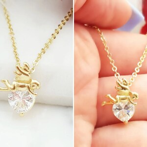 Gold Heart Necklace HEART JEWELRY GIFT, Cz Diamond Heartshaped Valentine Pendant, Romantic Cubic Zirconia Jewelry Gift for Girlfriend N2410 image 6