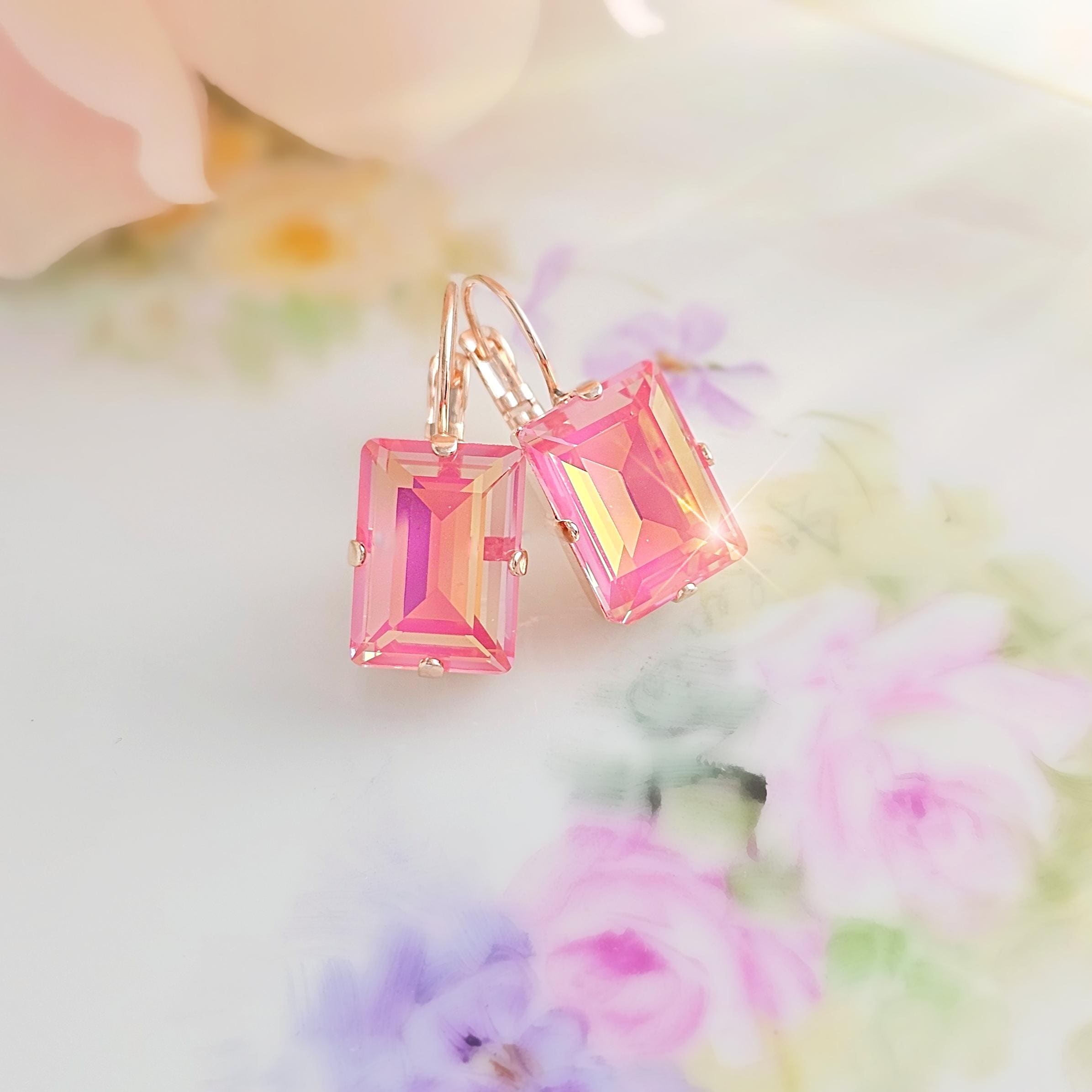 Pink Opal Baguette Earrings Morganite Earrings Peach Dangles, Gold