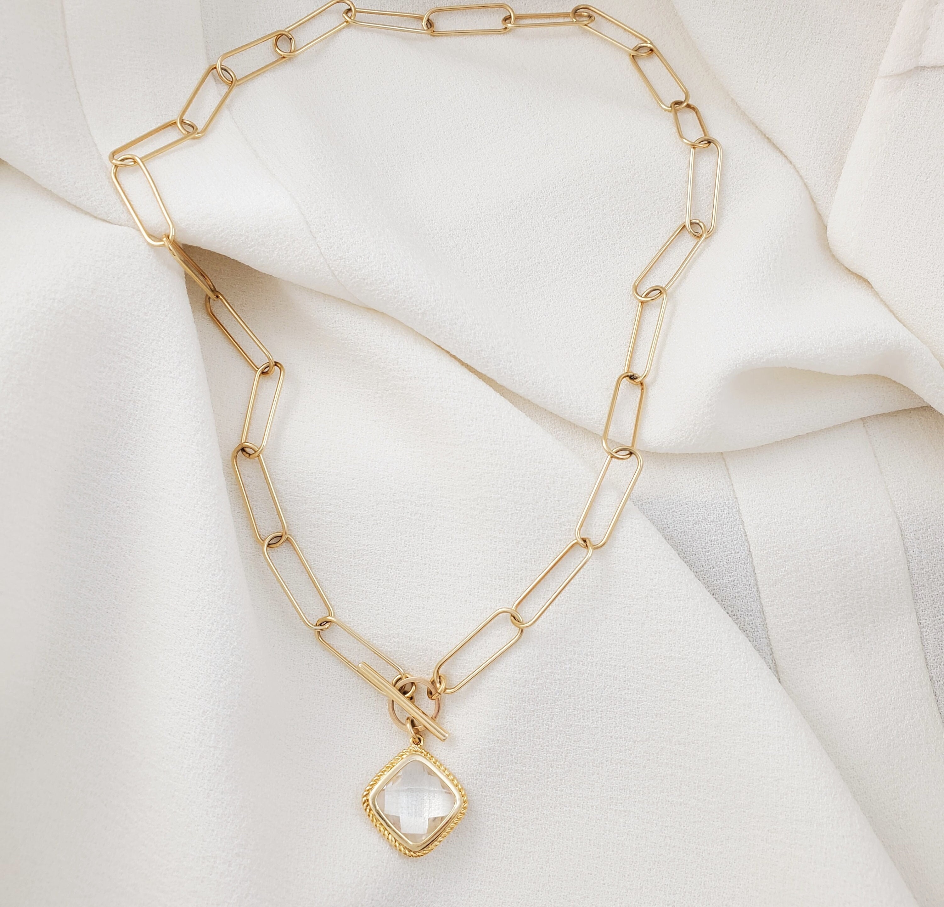 BIG DIAMOND DROP Necklace Gold Clear or Peach Crystal Square