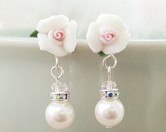 White Rose Earrings SILVER PORCELAIN ROSE Earrings, Bridal Gifts, Ivory Pearl Floral Dangles, Romantic Dangling Ivory Pearl Drops E1278