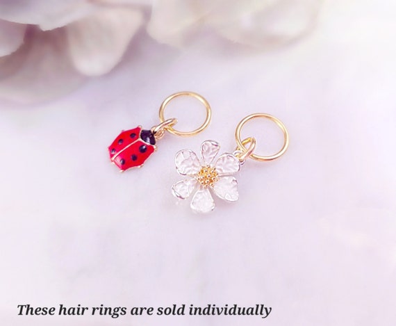 Daisy HAIR RINGS Red Ladybug Charms, White Flower Clips, Gold