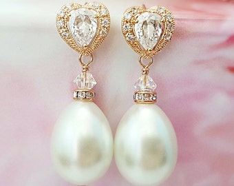 Rose Gold Dangling White Tear Drop IVORY PEARL DROP Earrings, Cubic Zirconia Heart Crystals, Cz Teardrop Bridal Jewelry Gift for Bride E4413