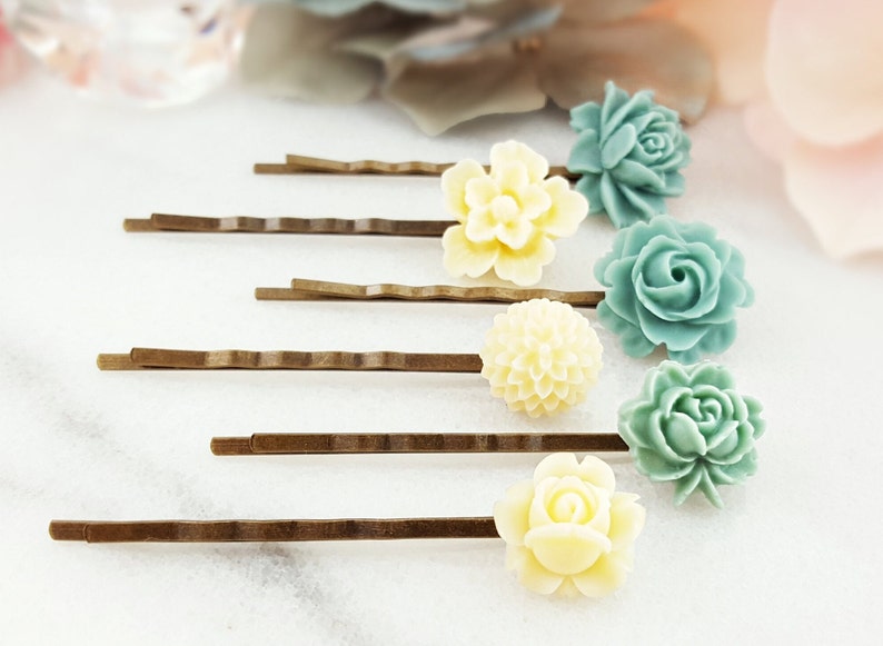 Cream Bridal Sakura Hair Pin H4190 Slate Blue Hairpins Mint Blue Lotus Blossom Creamy Yellow Rose Hair Clip Turquoise Bobby Pin Set of 6