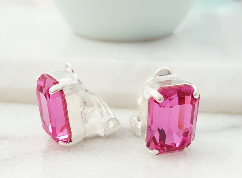 PINK CLIPON EARRINGS Silver Rose Tourmaline Crystal Baguette Non-Pierced Studs, Bright Pink Octagon October Birthstone Jewelry Gifts CL1050 image 2