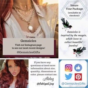 May include: A close-up of a gold necklace with a white pendant. The necklace is layered with other gold chains. The image also includes text that says "Gemsicles" and "Visit our Instagram page to see our most recent designs! @GemsiclesGifts".