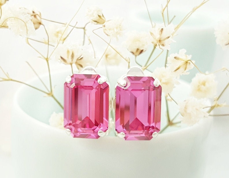 PINK CLIPON EARRINGS Silver Rose Tourmaline Crystal Baguette Non-Pierced Studs, Bright Pink Octagon October Birthstone Jewelry Gifts CL1050 image 1