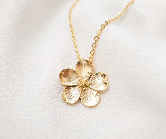 GOLD FLOWER NECKLACE Cherry Blossom Charm Pendant Matte Gold 