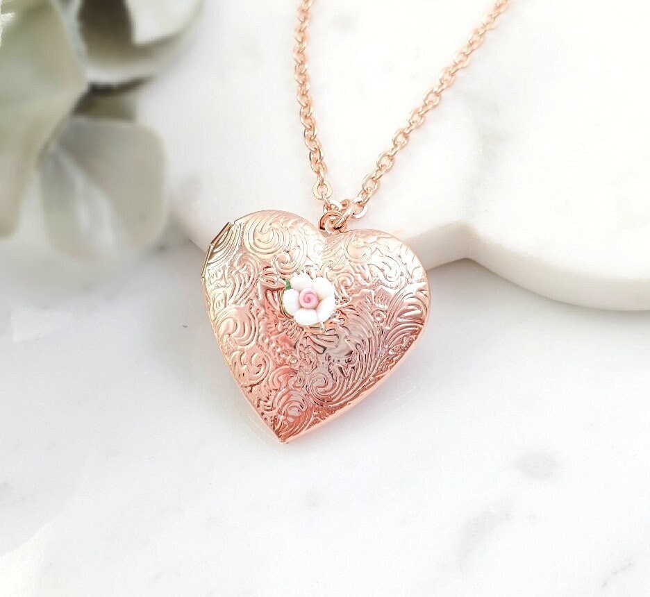 LARGE HEART NECKLACE Picture Locket Rose Gold or Gold, Big Heart
