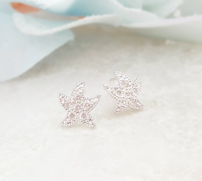 Stud Starfish Earrings Bridesmaid Beach Wedding Jewelry Silver Cz