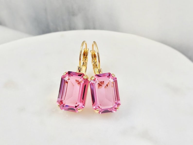 These swarovski Crystal Statement leverback earrings are made with your choice of 10x14mm swarovski octagon crystals in Rose pink, Montana blue or Emerald green - rare, unfoiled crystals set in gold or silver bezels. Gemsicles etsy bestseller.