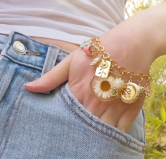 Gold Charm Bracelets for Women Beaded Charm Bracelet Dangle Butterfly Bracelet With Locket Photo Charm 14K Gold Chain Cute Daisy B3035 Etsy
